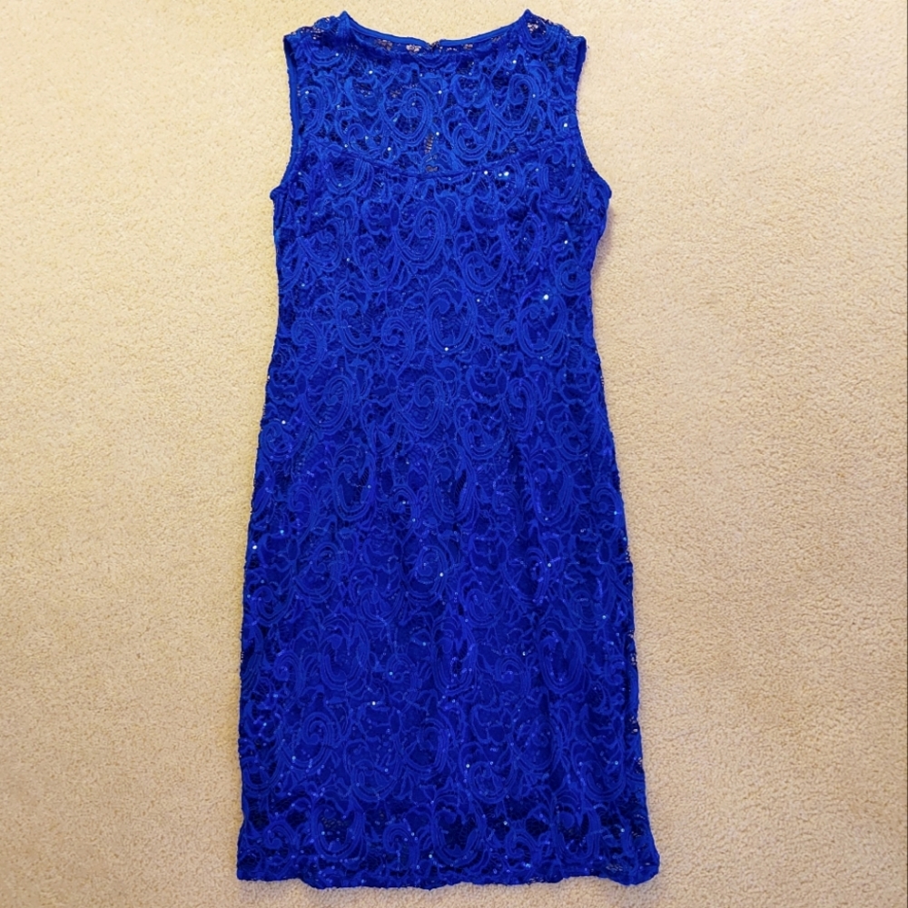 Dark Blue Cocktail Dress with Sequins and Lace Design